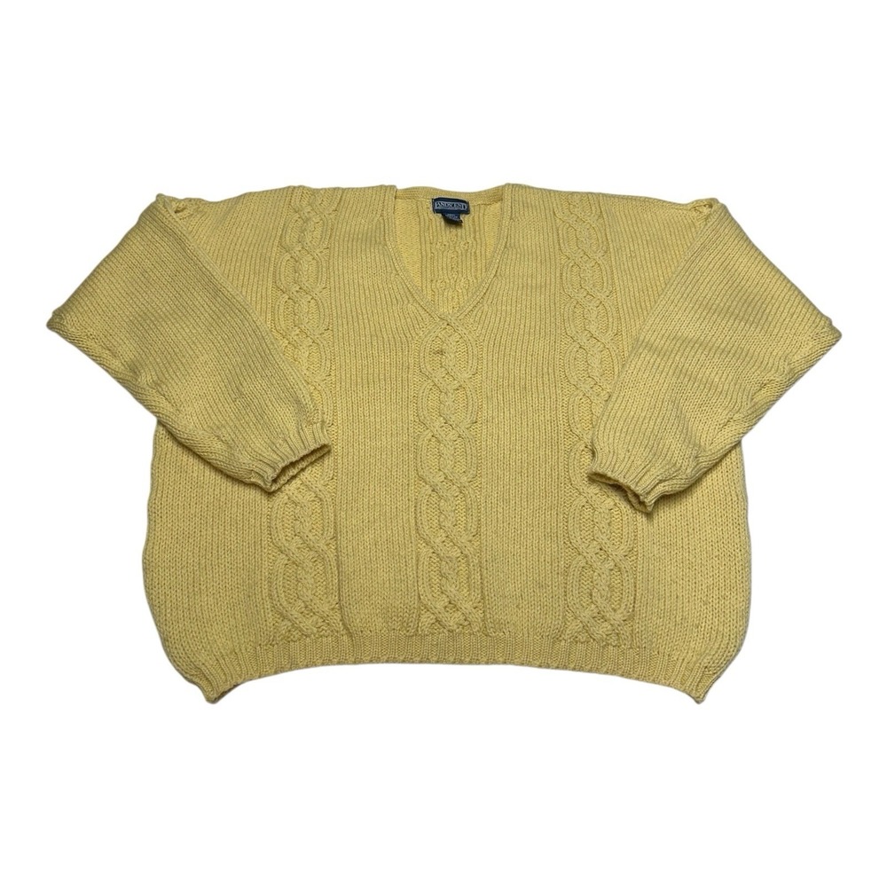 Vintage Lands End Sweater Mens Sz L Yellow V-Neck Cable Knit 100% Wool Pullover